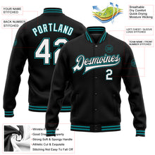 Load image into Gallery viewer, Custom Black White-Teal Bomber Full-Snap Varsity Letterman Jacket