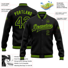 Загрузить изображение в средство просмотра галереи, Custom Black Neon Green Bomber Full-Snap Varsity Letterman Jacket