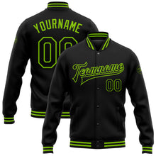 Загрузить изображение в средство просмотра галереи, Custom Black Neon Green Bomber Full-Snap Varsity Letterman Jacket