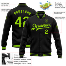 Загрузить изображение в средство просмотра галереи, Custom Black Neon Green Bomber Full-Snap Varsity Letterman Jacket