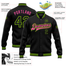 Загрузить изображение в средство просмотра галереи, Custom Black Neon Green-Pink Bomber Full-Snap Varsity Letterman Jacket