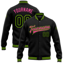 Загрузить изображение в средство просмотра галереи, Custom Black Neon Green-Pink Bomber Full-Snap Varsity Letterman Jacket