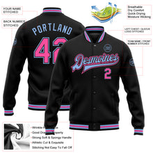 Загрузить изображение в средство просмотра галереи, Custom Black Pink-Light Blue Bomber Full-Snap Varsity Letterman Jacket