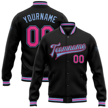 Загрузить изображение в средство просмотра галереи, Custom Black Pink-Light Blue Bomber Full-Snap Varsity Letterman Jacket