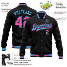 Загрузить изображение в средство просмотра галереи, Custom Black Pink-Sky Blue Bomber Full-Snap Varsity Letterman Jacket