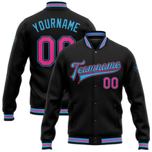 Загрузить изображение в средство просмотра галереи, Custom Black Pink-Sky Blue Bomber Full-Snap Varsity Letterman Jacket