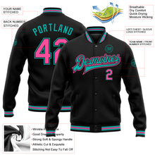 Загрузить изображение в средство просмотра галереи, Custom Black Pink-Aqua Bomber Full-Snap Varsity Letterman Jacket