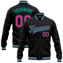 Загрузить изображение в средство просмотра галереи, Custom Black Pink-Aqua Bomber Full-Snap Varsity Letterman Jacket