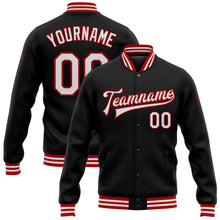 Load image into Gallery viewer, Custom Black White-Red Bomber Full-Snap Varsity Letterman Jacket