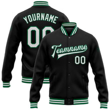Charger l'image dans la galerie, Custom Black White-Kelly Green Bomber Full-Snap Varsity Letterman Jacket