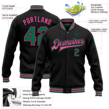 Загрузить изображение в средство просмотра галереи, Custom Black Kelly Green-Pink Bomber Full-Snap Varsity Letterman Jacket