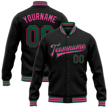 Загрузить изображение в средство просмотра галереи, Custom Black Kelly Green-Pink Bomber Full-Snap Varsity Letterman Jacket