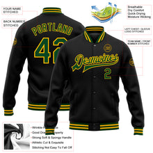Загрузить изображение в средство просмотра галереи, Custom Black Green-Gold Bomber Full-Snap Varsity Letterman Jacket