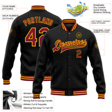 Charger l'image dans la galerie, Custom Black Crimson-Gold Bomber Full-Snap Varsity Letterman Jacket