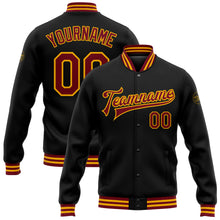 Charger l'image dans la galerie, Custom Black Crimson-Gold Bomber Full-Snap Varsity Letterman Jacket