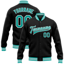 Загрузить изображение в средство просмотра галереи, Custom Black Aqua-White Bomber Full-Snap Varsity Letterman Jacket