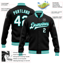 Загрузить изображение в средство просмотра галереи, Custom Black White-Aqua Bomber Full-Snap Varsity Letterman Jacket