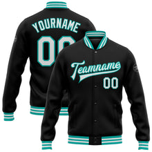 Загрузить изображение в средство просмотра галереи, Custom Black White-Aqua Bomber Full-Snap Varsity Letterman Jacket