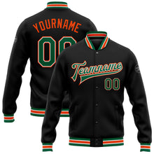 Загрузить изображение в средство просмотра галереи, Custom Black Kelly Green-Orange Bomber Full-Snap Varsity Letterman Jacket