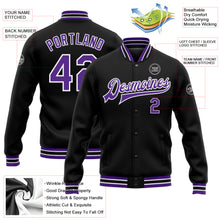 Load image into Gallery viewer, Custom Black Purple-White Bomber Full-Snap Varsity Letterman Jacket