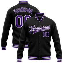 Load image into Gallery viewer, Custom Black Purple-White Bomber Full-Snap Varsity Letterman Jacket