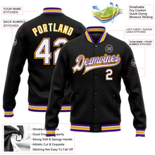 Загрузить изображение в средство просмотра галереи, Custom Black White Purple-Gold Bomber Full-Snap Varsity Letterman Jacket