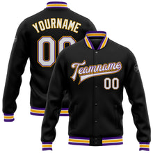 Загрузить изображение в средство просмотра галереи, Custom Black White Purple-Gold Bomber Full-Snap Varsity Letterman Jacket