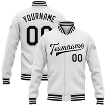 Load image into Gallery viewer, Custom White Black Bomber Full-Snap Varsity Letterman Jacket