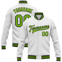 Load image into Gallery viewer, Custom White Neon Green-Black Bomber Full-Snap Varsity Letterman Jacket