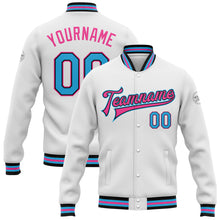 Laden Sie das Bild in den Galerie-Viewer, Custom White Sky Blue Black-Pink Bomber Full-Snap Varsity Letterman Jacket