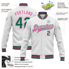Charger l'image dans la galerie, Custom White Kelly Green-Pink Bomber Full-Snap Varsity Letterman Jacket