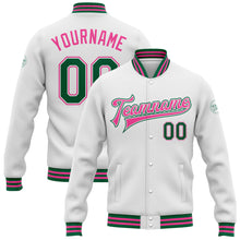 Charger l'image dans la galerie, Custom White Kelly Green-Pink Bomber Full-Snap Varsity Letterman Jacket