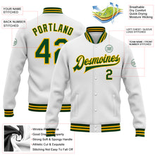 Charger l'image dans la galerie, Custom White Green-Gold Bomber Full-Snap Varsity Letterman Jacket