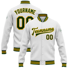 Charger l'image dans la galerie, Custom White Green-Gold Bomber Full-Snap Varsity Letterman Jacket