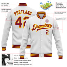 Charger l'image dans la galerie, Custom White Crimson-Gold Bomber Full-Snap Varsity Letterman Jacket