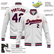 Charger l'image dans la galerie, Custom White Navy-Red Bomber Full-Snap Varsity Letterman Jacket