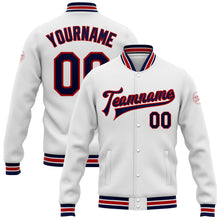 Charger l'image dans la galerie, Custom White Navy-Red Bomber Full-Snap Varsity Letterman Jacket