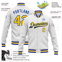 Laden Sie das Bild in den Galerie-Viewer, Custom White Yellow-Royal Bomber Full-Snap Varsity Letterman Jacket