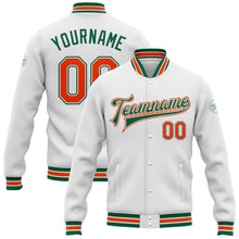 Load image into Gallery viewer, Custom White Orange-Kelly Green Bomber Full-Snap Varsity Letterman Jacket