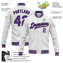 Load image into Gallery viewer, Custom White Purple-Black Bomber Full-Snap Varsity Letterman Jacket
