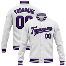Load image into Gallery viewer, Custom White Purple-Black Bomber Full-Snap Varsity Letterman Jacket