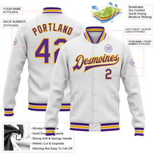Charger l'image dans la galerie, Custom White Purple-Gold Bomber Full-Snap Varsity Letterman Jacket