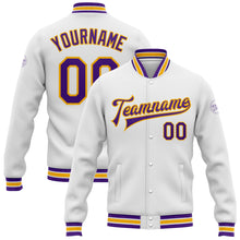 Charger l'image dans la galerie, Custom White Purple-Gold Bomber Full-Snap Varsity Letterman Jacket