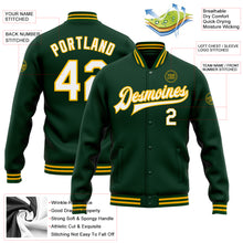 Load image into Gallery viewer, Custom Green White-Gold Bomber Full-Snap Varsity Letterman Jacket