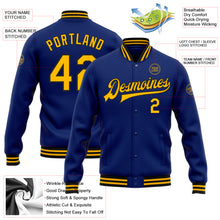 Laden Sie das Bild in den Galerie-Viewer, Custom Royal Gold-Black Bomber Full-Snap Varsity Letterman Jacket