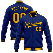 Laden Sie das Bild in den Galerie-Viewer, Custom Royal Gold-Black Bomber Full-Snap Varsity Letterman Jacket