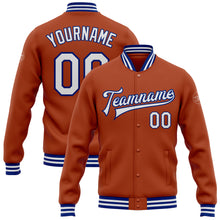 Load image into Gallery viewer, Custom Texas Orange White-Royal Bomber Full-Snap Varsity Letterman Jacket