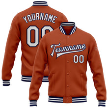 Load image into Gallery viewer, Custom Texas Orange White-Navy Bomber Full-Snap Varsity Letterman Jacket