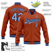 Load image into Gallery viewer, Custom Texas Orange Light Blue-Navy Bomber Full-Snap Varsity Letterman Jacket