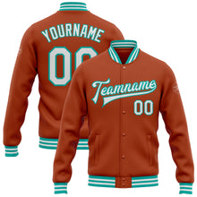 Load image into Gallery viewer, Custom Texas Orange White-Aqua Bomber Full-Snap Varsity Letterman Jacket